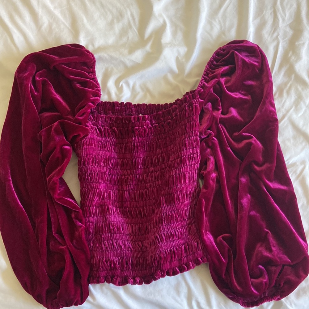 Anthropologie wine/berry velvet off the shoulder top.